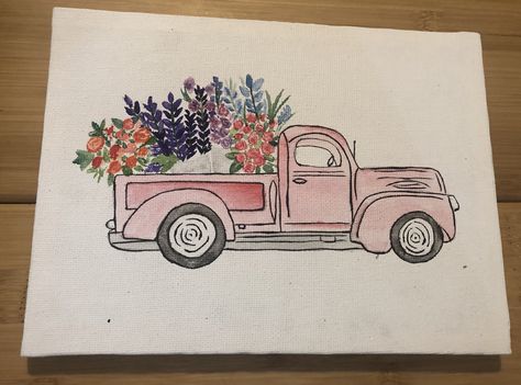 Car With Flowers Drawing, Red Truck Tattoo, Heart Like A Truck Tattoo, Truck Tattoo For Women, Old Truck Tattoo, Truck Tattoo Ideas, Truck With Flowers, Truck Tattoo, Country Tattoos