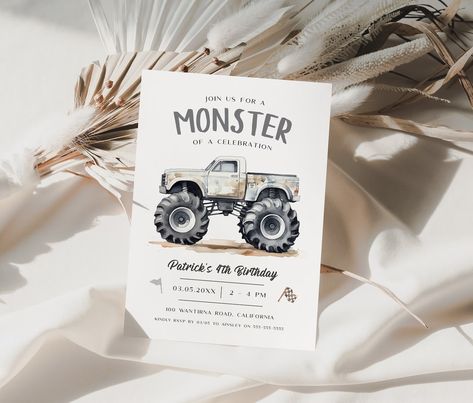 Editable Monster Truck Birthday Invitation, Monster Truck Invite, Grey Monster Truck Party Invite, Boys Birthday Party Invite, Evite, BD199 - Etsy Panama Third Birthday Boys, Monster Truck Birthday Party, Monster Jam Birthday, Monster Truck Theme, Truck Birthday Party, Boys Birthday Party, Monster Truck Party, Monster Trucks Birthday Party, Truck Birthday