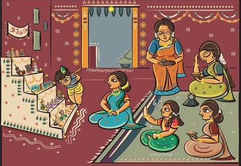 Indian Culture Illustration, Bday Illustration, Pattachitra Paintings, Navaratri Golu, Culture Illustration, Village Scene Drawing, Bommala Koluvu, Ponniyin Selvan, Jamini Roy