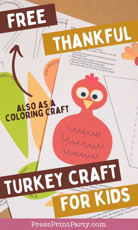 Free Thankful turkey craft for kids Thankful Turkey Printable, Turkey Printable, Feather Template, Printable Craft Templates, Easy Diy Thanksgiving, Thankful Turkey, Thanksgiving Gift Tags, Coloring Placemats, Thanksgiving Crafts Diy