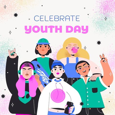 Team Illustration Design, Youth Illustration, Risograph Zine, Celebration Illustration, Christmas Advertising, International Youth Day, Event Illustration, Illustration Human, Budget App