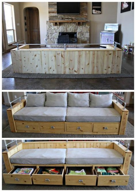 Build A Couch Diy Sofas, Diy Couch Storage, Diy Rv Couch With Storage, Couch Building Plans, Diy Sofa With Storage, Diy Living Room Couch, Diy Storage Couch, Build Your Own Couch, Diy Sectional