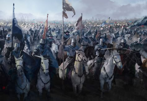 The battlefield by Gongjin Wang Fantasy Battle Scene, Fantasy Battlefield, Medieval Battlefield, Medieval Army, Fantasy Army, Imperial Legion, Crusader Knight, Asoiaf Art, Fantasy Battle