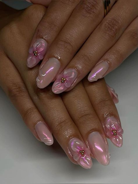 Pink Chrome Flower Nails, Pink Chrome With Design, Chrome And Flower Nails, Gel X 3d Nails, Pink Chrome Nails With Design, Gel X Chrome Nails, Baby Pink Nails With Design Art Ideas, 3d Nails Flowers, Pink Flower Nails Acrylic