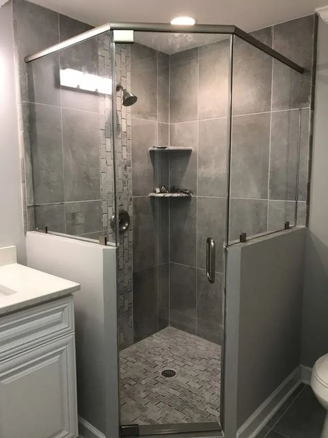 Standing Showers Bathroom, Corner Angled Shower Ideas, Corner Shower With Knee Wall, Corner Shower Tile Designs, Large Tile Corner Shower Ideas, Corner Shower For Small Bathrooms, Small Bathrooms With Corner Showers, Glass Shower Corner, 45 Degree Angle Shower Door