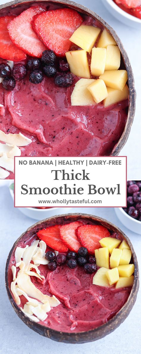 Learn how to make a thick smoothie bowl without using banana. This bowl is perfect as a healthy brekafast, snack or dessert. Thick, velvety and full of fruity nutrition. Banana Acai Bowl Recipe, Smothies Bowls Recipe, Smoothie Bowl Without Banana, Banana Acai Bowl, No Banana Smoothie, Smoothie Bowl No Banana, Pitaya Bowl Recipe, Protien Shake Recipes, Thick Smoothie Bowl