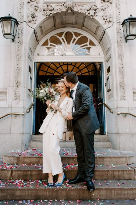 Bride In Suit Wedding, Self Portrait Wedding Dress, Town Hall Wedding Photography, Town Hall Elopement, Wedding Town Hall, London Civil Wedding, Chelsea Town Hall, London Courthouse Wedding, London Town Hall Wedding