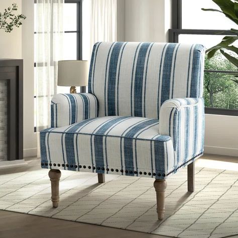 Wayfair.com - Online Home Store for Furniture, Decor, Outdoors & More | Wayfair Navy Armchair, Farmhouse Armchair, Striped Armchair, Comfy Living Room, Wooden Armchair, Upholstered Accent Chairs, Upholstered Armchair, Modern Accent Chair, Style Deco