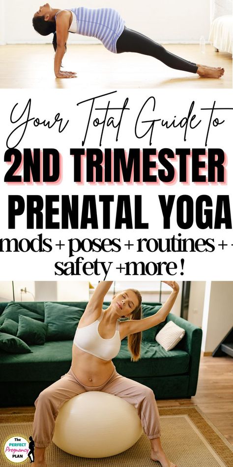 Everything you need to know about yoga for 2nd trimester pregnancy. Safety and modifications when practicing prenatal yoga 2nd trimester. The best yoga poses for pregnant women 2nd trimester of pregnancy and how to safely practice prenatal yoga through the second trimester. Second trimester pregnancy yoga exercises videos and the best asanas for your prenatal yoga workout. Prenatal Bedtime Yoga, Yoga For Pregnant Women Second Trimester, Second Trimester Yoga Poses, Pre Natal Yoga, 2nd Trimester Exercises, Prenatal Stretches 2nd Trimester, Workout For Pregnant Women 2nd Trimester, 2nd Trimester Yoga, Birthing Ball Exercises Second Trimester