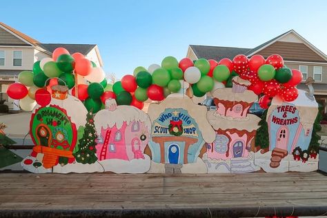 Whoville House Door Decoration, Whoville Photo Backdrop, Whoville Christmas Parade Float Ideas, Whoville Stage Design, Whoville Cardboard Village, Whoville Christmas Parade Float, Whoville Christmas Float, Charlie Brown Christmas Parade Float, Whoville Background