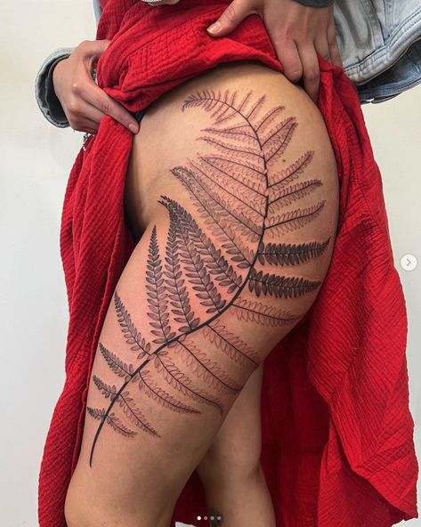 Fern Hip Tattoos Women, Fern And Flower Tattoo, Ash Tattoo, Redwood Tattoo, Tiny Butterfly Tattoo, Tattoo 2023, Floral Thigh Tattoos, Fern Tattoo, Tiny Butterfly