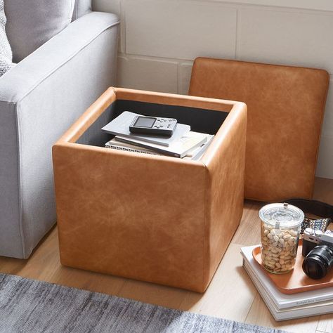 Leather Square Ottoman, Storage Ottoman Seat, Square Ottoman With Storage, Square Storage Ottoman, Ottoman With Storage, Behind Couch, Kb Homes, Leather Storage Ottoman, Fabric Frame