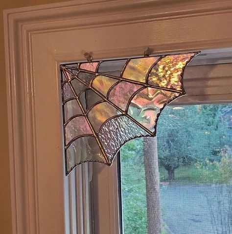 𝑓. (@momentsofence) on X Spider Web Window, Fall Mosaic, Spider Web Stained Glass Window, Stained Glass Lamp Aesthetic, Stained Glass Cobweb, Stained Glass Spider Web, Window Corner, Stained Glass Spider, Moth Stained Glass Window