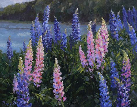 Lupin dance by Poppy Balser, Oil, 11 x 14 x 1.5 Lupine Flowers, Canadian Art, Pink Blossom, Flower Art Painting, Painting Techniques, Pretty Pictures, Purple Flowers, Flower Painting, Flower Art