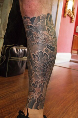 Japanese Calf Sleeve, Dragon Leg Tattoo Men, Dragon Calf Tattoo, Dragon Leg Tattoo, Dragon Tattoo Leg, Tattoo Japonais, Calf Sleeve Tattoo, Koi Dragon Tattoo, Japanese Leg Tattoo