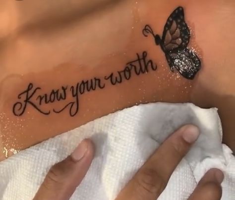 Tattoos To Get For Mom, Know Your Worth Tatoos, Diva Tattoos For Women, Tattoo Ideas Back Of Shoulder, Tattoo Ideas Male Meaningful Unique, Know Ur Worth Tattoo, Tattoo Ideas For 16 Yo, Know Your Worth Tattoo Ideas, Lower Back Word Tattoos For Women