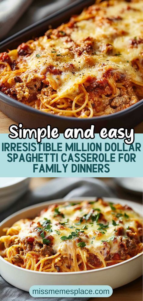 Dive into the heartwarming flavors of an Irresistible Million Dollar Spaghetti Casserole that will make every family dinner unforgettable. This delicious recipe features layers of tender spaghetti, savory ground beef, and gooey cheese, all smothered in rich marinara sauce. Perfect for potlucks and gatherings, you'll love how easy it is to prepare ahead of time. Just pop it in the oven, and let the aroma fill your home as it bakes to bubbly perfection. Your loved ones will be back for seconds! Baked Spaghetti Easy Ground Beef, Baked Spaghetti Recipe For A Crowd, Cheesy Spaghetti Casserole, Mexican Spaghetti Casserole, Hamburger Spaghetti Casserole, Million Dollar Spaghetti Casserole Easy, Leftover Spaghetti Casserole, Best Easy Spaghetti Recipe, Freezer Baked Spaghetti