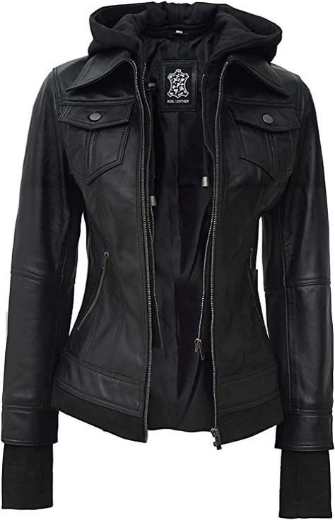 Fjackets Leather Jackets For Women - Removable Hood & Bomber Real Lambskin Leather Jacket Womens at Amazon Women's Coats Shop Black Lether, Womens Black Leather Jacket, Leather Jacket With Hood, Lambskin Leather Jacket, Jacket With Hood, Leather Jacket Black, Leather Motorcycle Jacket, Black Leather Jacket, Detachable Hood