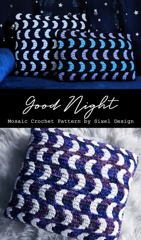 A little crescent moon pattern great for celestial themed decor. Pattern includes steps to create the pillows pictured here. Chart can be used to create anything from blankets, to pillows, sweaters, hats and more!  #mosaiccrochet #crochetpattern #goodnightmoon #crescentmoon #mooncrochet #moon #celestial #sixeldesign Sparkly Yarn Crochet Projects, Crescent Moon Crochet Pattern, Moon And Stars Crochet Blanket, Celestial Crochet Patterns Free, Star Blanket Crochet Pattern Free, Celestial Crochet Blanket, Space Themed Crochet, Celestial Crochet Patterns, Crochet Celestial