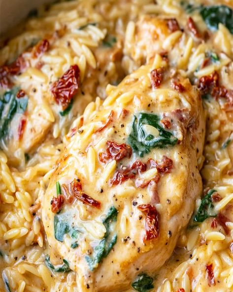 Make this Slow Cooker Creamy Tuscan Chicken Orzo recipe for a comforting, flavorful meal with tender chicken, orzo, and a creamy sauce. Crockpot Marry Me Chicken Orzo, Greek Chicken Orzo Casserole, Crockpot Recipes Orzo, Creamy Tuscan Chicken Orzo, Crockpot Chicken And Orzo Recipes, Chicken Thigh And Orzo Recipes, Crockpot Chicken Orzo Soup, Tuscan Chicken With Orzo, Tuscan Orzo Chicken