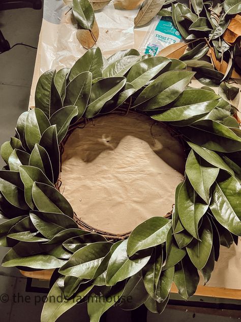 How To Make Magnolia Wreath, Magnolia Wreaths Diy, How To Make A Magnolia Leaf Wreath, Diy Magnolia Wreath Real Leaves, Fresh Magnolia Wreath Diy, How To Dry Magnolia Leaves, Magnolia Leaf Wreath Diy, Magnolia Leaf Christmas Decor, Diy Magnolia Garland