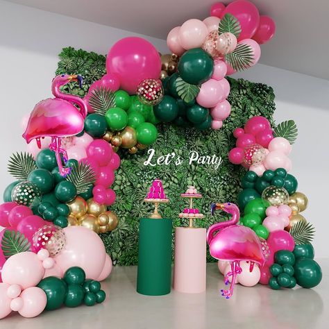 Amazon.com: 156Pcs Tropical Flamingo Balloon Arch Garland Kit, Hot Pink Dark Green Light Pink Gold Confetti Flamingo Foil Balloons with Palm Leaves for Hawaiian Luau Aloha Summer Beach Birthday Party Decorations : Toys & Games 60 Flocking Rocks Birthday, Hawaiian Themed First Birthday Party, Flamingo Birthday Decorations, Tropical Balloons, Officer Party, Party Balloon Arch, Flamingo Party Decor, Flamingo Balloons, Confetti Party Decorations