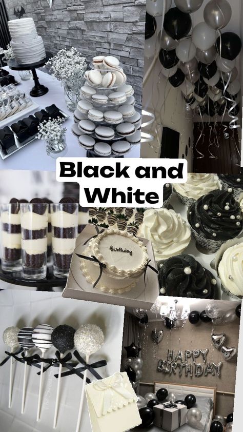 #party #Black and White Black And Silver 40th Birthday Ideas, Black And White Sweet Sixteen, Black And White Decor Party, Graduation Party Black And White, Black Coquette Party Theme, White And Black Birthday Theme, Black Tie 18th Birthday Party, Black And White Party Favors, Birthday Party Black And Silver