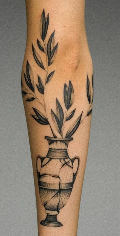 Shattered Vase Tattoo, Greek Plant Tattoo, Kintsugi Vase Tattoo, Broken Vase Tat, Amphora Tattoo, Vase With Flowers Tattoo, Greek Vase Tattoo, Traditional Tattoo Vase, Vase Tattoo Design