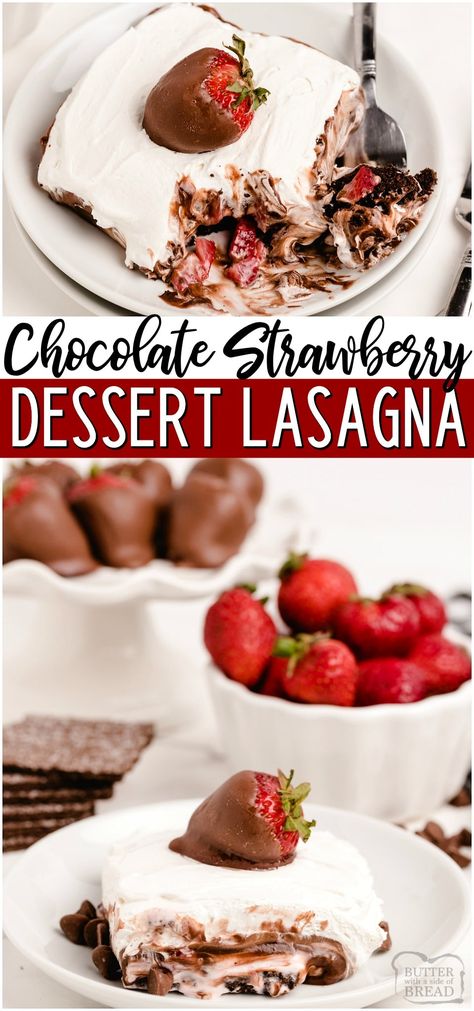 No bake Chocolate Lasagna with Strawberries is a layered pudding dessert filled with chocolate, sweet cream and fresh strawberries! Dessert Lasagna topped with chocolate covered strawberries is perfect for any occasion! #chocolate #strawberry #lasagna #layered #dessert #pudding #recipe from BUTTER WITH A SIDE OF BREAD Strawberry Desserts With Chocolate, Fresh Strawberries Dessert, Strawberry Chocolate Dessert, No Bake Chocolate Lasagna, Chocolate Strawberry Dessert, Strawberry Lasagna, Chocolate Strawberry Desserts, Dessert Lasagna, Strawberry Recipes Easy