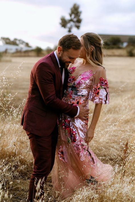 19 ways to rock pink on your wedding day - 100 Layer Cake Multi Colored Wedding Dresses, Pink And Red Wedding Dress, Pink Embellished Wedding Dress, Pink Sequin Wedding Dress, Unique Colored Wedding Dresses, Maximalist Wedding Dress, Eclectic Wedding Dress, Funky Wedding Dress, Pink Floral Wedding Dress