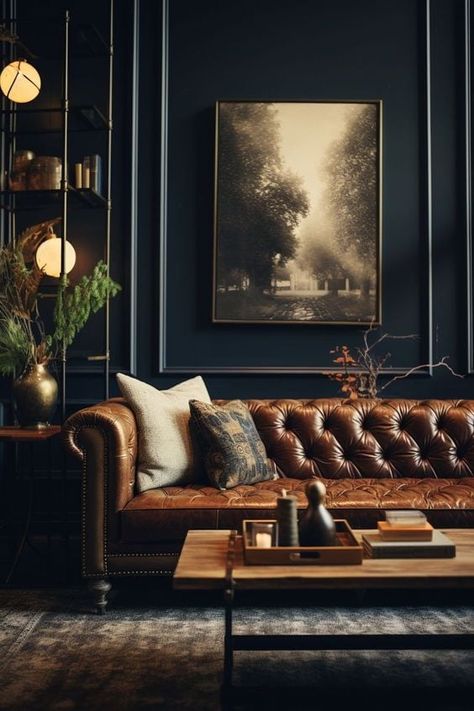 Ideas for Creating Dark and Moody Interior Spaces Moody Living Room Ideas, Dark Academia Interior, Moody Interior Design, Dark And Moody Interiors, Dark Boho Living Room, Moody Home Decor, Masculine Living Rooms, Moody Living Room, Moody Decor