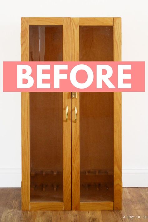 Two Door Cabinet Makeover, How To Add Shelves To A Cabinet, Hall Cabinet Makeover, Pine Cabinet Makeover, Add Shelves To Cabinet, Flipped Cabinet, Small Cabinet Makeover, Painting A Cabinet, Metal Cabinet Makeover