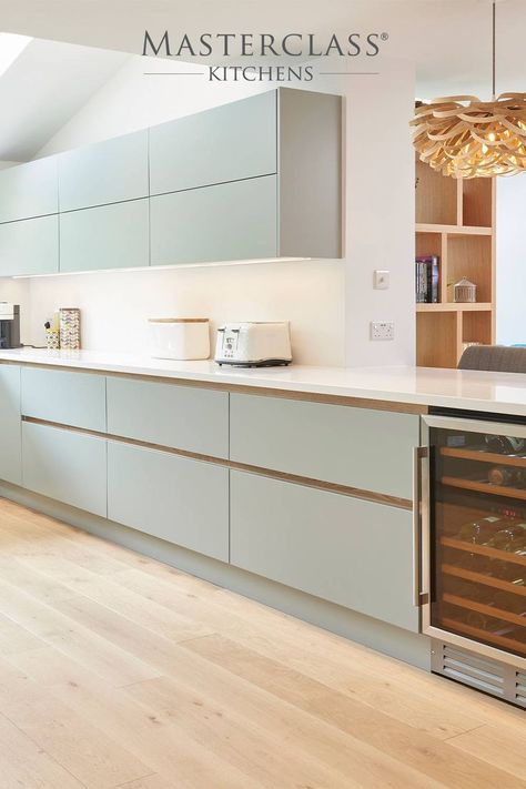 Coloured Kitchen Cabinets Modern, Light Blue Kitchen Cabinets Modern, Kitchen In Light Colours, Handle Less Kitchen Cabinets, Light Colour Interior Design, Kitchen Cabinets Handleless, Acrylic Kitchen Cabinets Colors Combination, Light Coloured Kitchen Ideas, Kitchen Light Colour Combination