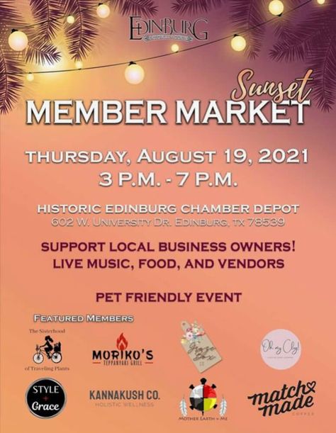 The Edinburg Chamber of Commerce hosts its Sunset Member Market Aug. 19 from 3-7 p.m. at the Historic Edinburg Chamber Depot. The chamber’s Sunset Member Market allows attendees to discover new products and services from different Edinburg Chamber vendors and creators. Chamber Of Commerce Ideas, Chamber Of Commerce Ideas Small Towns, Chamber Ideas, Chamber Events, Chamber Of Commerce, Products And Services, Small Towns, Live Music, New Products