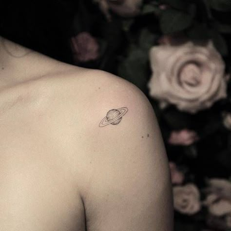 Saturn Hip Tattoo, Saturn Tattoo Placement, Jupiter And Saturn Tattoos, Disco Saturn Tattoo, Dainty Saturn Tattoo, Tattoo Ideas Saturn, Capricorn Saturn Tattoo, Simple Saturn Tattoo, Saturn Tattoo Ideas