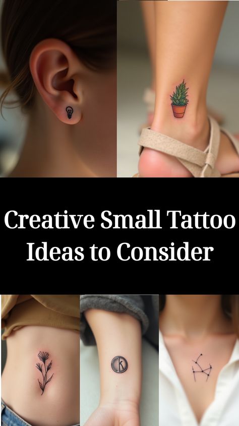 Creative Small Tattoo Ideas to Consider Tattoo Ideas For Creative People, Outside Tattoo Ideas, Edgy Minimalist Tattoo, Small Elegant Tattoos For Women Unique, Small Plant Tattoo Ideas, Spots For Small Tattoos, Tiny Tats With Meaning, Small Tattoo Cover Up Ideas, Girly Tattoos Unique