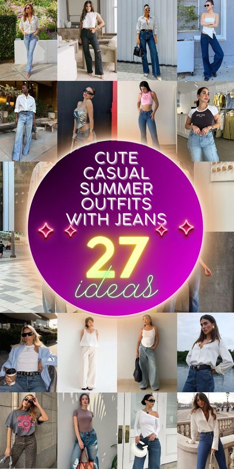 Explore the playful side of denim with cute casual summer outfits with jeans, perfect for every woman. Try baggy blue jeans with vibrant T-shirts or a chic black shirt for a girlfriend-approved street style. Sandals add a summer touch, making this outfit ideal for both parties and casual hangouts. Summer Jeans Outfit Casual Classy, Jean Outfits Summer, Jean Summer Outfits, Casual Summer Outfits With Jeans, Summer Outfit With Jeans, Summer Jeans Outfit, Lunch Outfit Summer, Summer Outfits With Jeans, Casual Jeans Outfit Summer