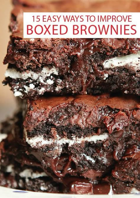 15 ways to bring boxed  brownies to the next level- perfect for a quick and easy dessert that tastes gourmet! Boxed Brownies Better, Easy Desserts To Make, Boxed Brownie Recipes, Boxed Brownies, Brownie Oreo, Brownie Mix Recipes, Best Brownie Recipe, Oreo Fudge, Box Brownies