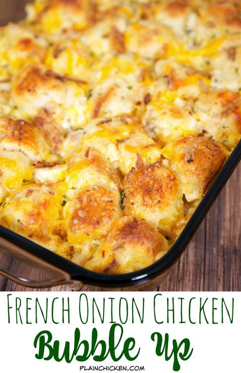 French Onion Chicken Bubble Up - AMAZING! We literally licked our plates! Chicken, French Onion Dip, Chicken Soup, Cheddar Cheese and Biscuits. Topped with yummy French Fried Onions. Great weeknight meal. Kids love this! Leftover Onion Dip Recipes, French Onion Chicken Bubble Up, Deans French Onion Dip Chicken, Recipes With Leftover Fried Chicken, Fried Chicken Leftovers Ideas, What To Do With Leftover Fried Chicken, Chicken Popperkosh, Leftover Fried Chicken Recipes Ideas, Leftover French Onion Soup