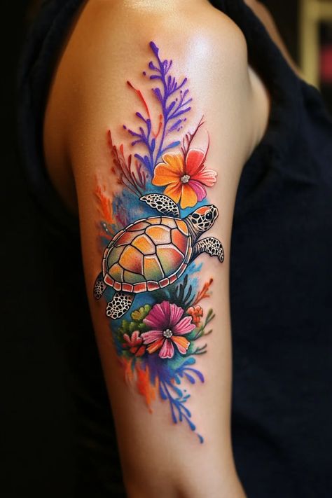 Sea Turtle Tattoo Ideas Fijian Turtle Tattoo, Sea Turtle Arm Sleeve Tattoo, Guam Turtle Tattoo, Ocean Tattoos Colorful, Tropical Tattoo Ideas For Women, Heaven Dog Tattoo, Sea Sleeve Tattoos For Women, Rainforest Tattoo Ideas, Kids Birthday Tattoo Ideas Mom