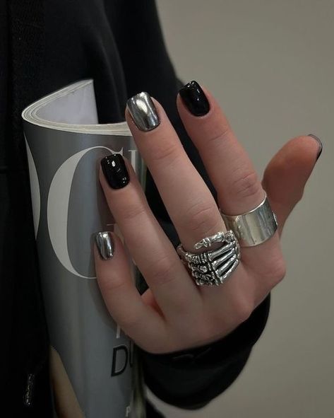 black nailspiration #nails #nailtech #nailart #grunge #blacknails #nailpolish #nailspiration Gel Nail Designs With Rhinestones, Black Chrome Nail, Chrome Nails Ideas, Almond French Tips, Nail Designs With Rhinestones, Chrome Nail Ideas, Black Chrome Nails, Chrome Nails Designs, Chrome Nail