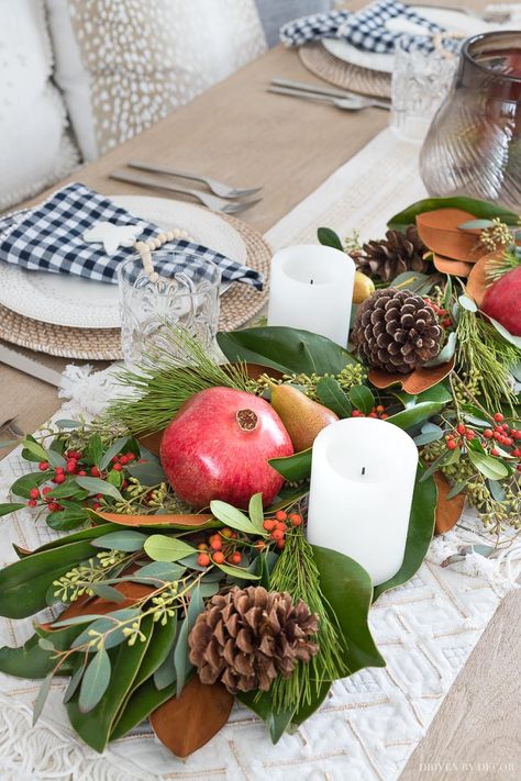 How to Make a Greenery Table Runner Step by Step! Hosting Christmas Dinner, Christmas Tree Napkins, Driven By Decor, Tree Centerpieces, Hosting Christmas, Thanksgiving Centerpieces, Thanksgiving Table Settings, Christmas Table Settings, Christmas Tablescapes