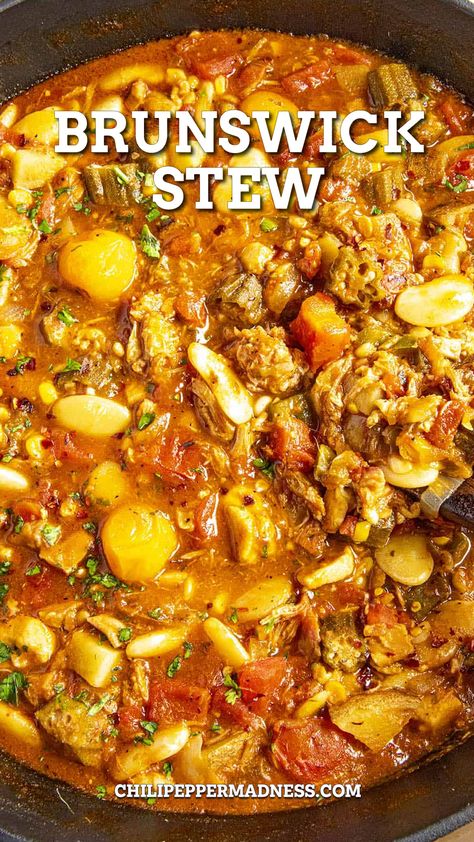 Brunswick Stew in a skillet New Brunswick Stew, Homemade Brunswick Stew Recipe, Brunswick Stew Recipe Easy, Southern Brunswick Stew Recipe, Brunswick Stew Recipe Georgia, Southern Brunswick Stew, Chicken Brunswick Stew Recipe, Best Brunswick Stew Recipe, Chowders Recipes