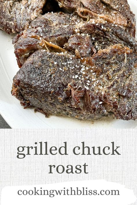 Grilled Chuck Roast that's cooked low and slow until fork tender and juicy. | cookingwithbliss.com Smoker Cooking Recipes, Smoked Beef Roast, Chuck Roast Recipe, Smoked Chuck Roast, Chuck Roast Recipes, Pellet Smoker, Smoker Cooking, Pellet Grill Recipes, Traeger Recipes