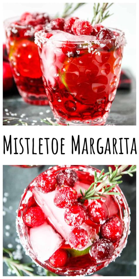 A mistletoe margarita may become your cocktail of choice for the holiday season. They're a festive twist on a classic margarita, all dressed up for the holidays with cranberry juice, rosemary sprigs, and sugared cranberries. Mistletoe Margarita, Christmas Drinks Alcohol Recipes, Cranberry Margarita, Cranberry Drinks, Christmas Drinks Alcohol, Tequila Cocktail, Cranberry Cocktail, Sugared Cranberries, Easy Drink Recipes