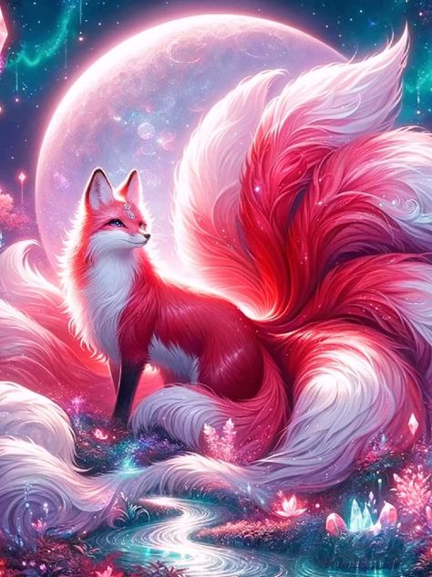 Fox Pictures Art, Gumiho Art, Kitsune Painting, Kitsune Fox Art, Kitsune Animal Art, Red Mythical Creatures, Kitsune Wallpaper, Red Kitsune, Magic Fox Art