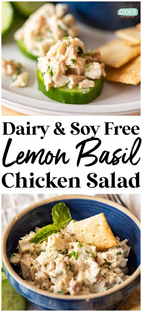 Tired of the same chicken salad recipes? Our Lemon Basil Chicken Salad has bright flavors of lemon zest and fresh basil and tastes so good on cucumber slices or crackers. Our chicken salad recipe is also dairy free, soy free, and egg free. | thefitcookie.com Lemon Basil Chicken Salad, Gluten Free Dairy Free Appetizers, Easy Paleo Meal Plan, Basil Chicken Salad, Salad Low Carb, Lemon Basil Chicken, Dairy Free Appetizers, Dairy Free Salads, Chicken Salad Sandwich Recipe