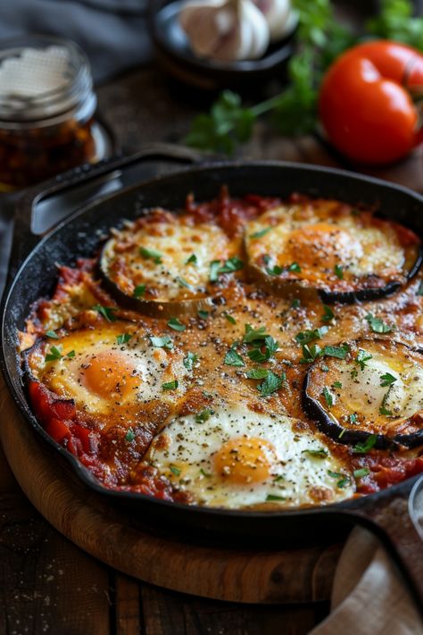 Skillet dish with eggs baked in a tomato-based sauce, garnished with herbs. Eggplant Skillet Recipes, Skillet Eggplant, Eggplant Parmesan Easy, Italian Eggplant Recipes, Indulgent Dinner, Eggplant Parmesan Recipe, Crispy Eggplant, Eggplant Recipes Parmesan, Small Eggplant