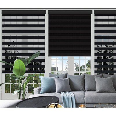 Providing privacy while still letting in some natural light, this corded semi-sheer roller shade offers the best of both worlds very high quality and finished look. This piece can be raised and lowered to different heights to suit your needs with the out cord, making it safer for kids. A neutral hue helps it blend with a variety of color palettes and aesthetics, while alternating slats round out the understated look with a dash of distinction. You can adjust the length and width of the blind. Wi Roller Shades Living Room, Sheer Roller Shades, Roller Blinds Design, Blinds For Windows Living Rooms, Black Blinds, Cortina Roller, Cordless Roller Shade, Sheer Blinds, Modern Window Treatments