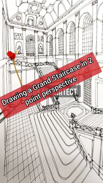 Grand Staircase Drawing, 2d Perspective Drawing, Perspective 2 Point, Staircase Drawing, 2 Point Perspective Drawing, Drawing Interior, Point Perspective, Perspective Drawing, Grand Staircase